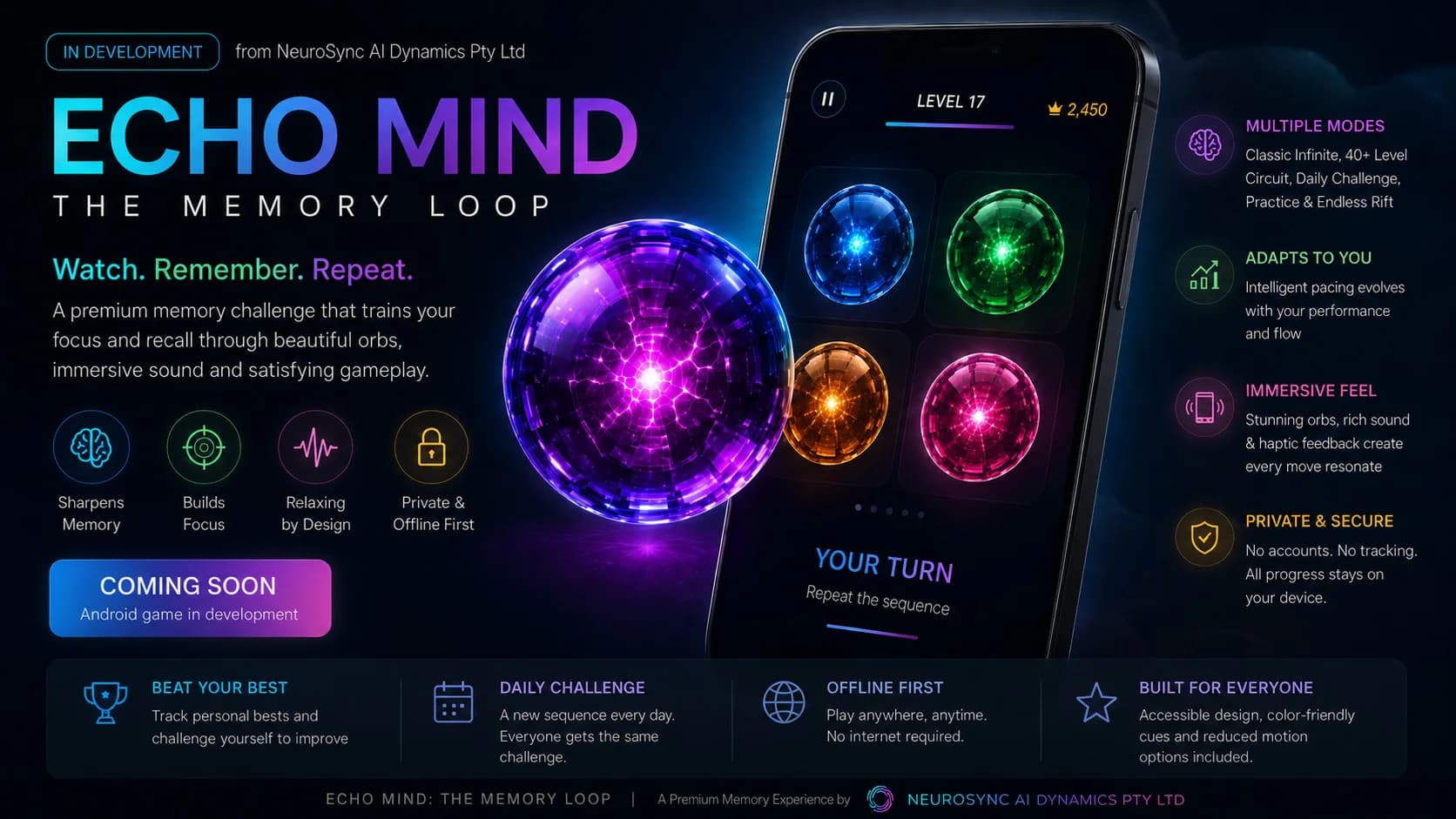 Echo Mind mobile memory game featuring luminous interactive orbs